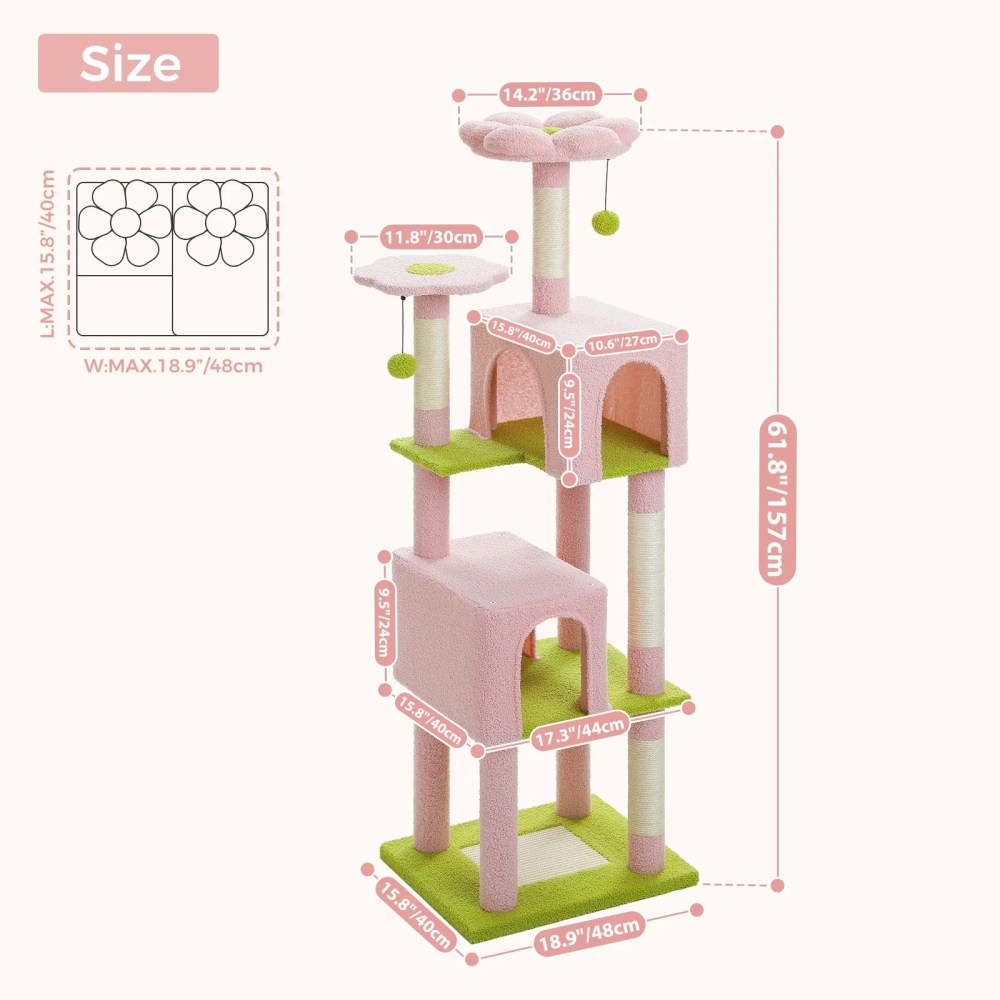 Pefilos 62" Cat Tree for Indoor Cats, Modern Cat Tree Tower with 2 Spacious Condos, Scratching Pad, 4 Cat Scratching Posts, 2 Top Perches, 2 Pompoms, - Image 2