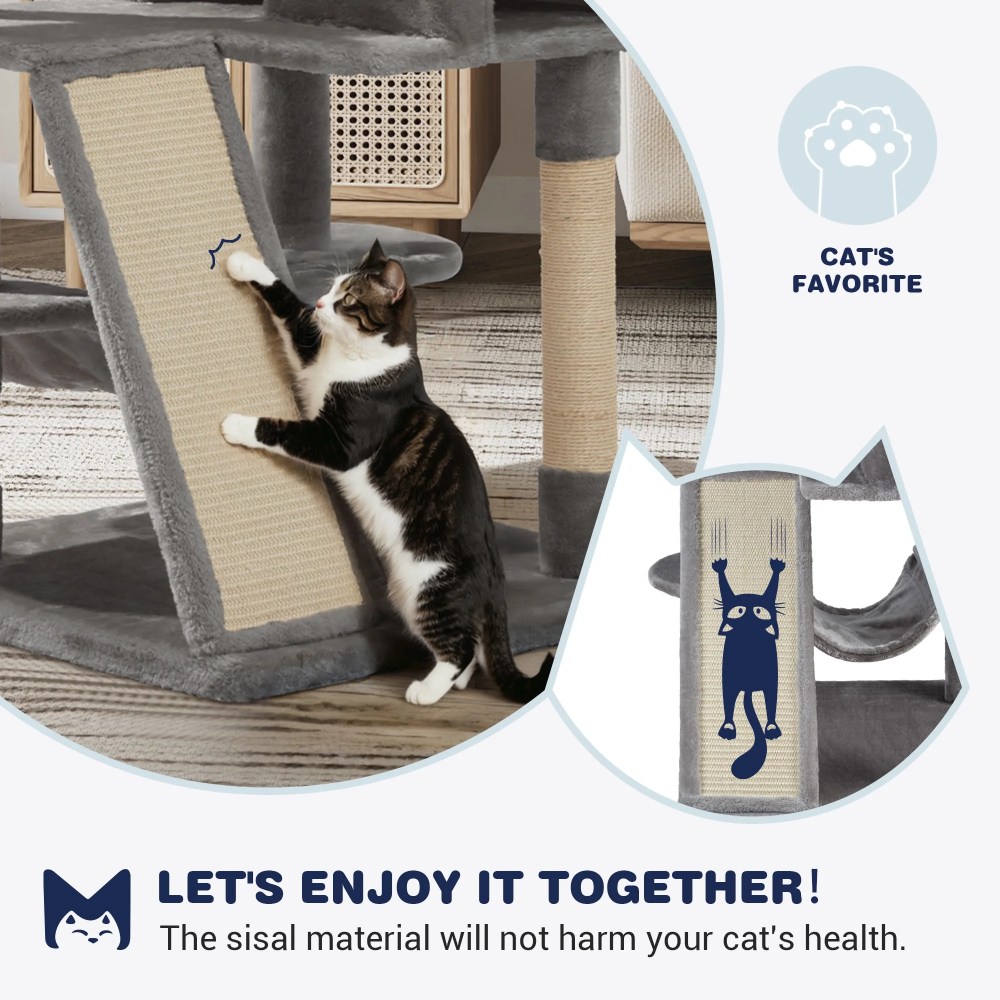 Sifurni 65.7" Large Cat Tree Tower Condo House for Cats with 2 Scratching Ramps, Hammock & Posts, Gray - Image 6