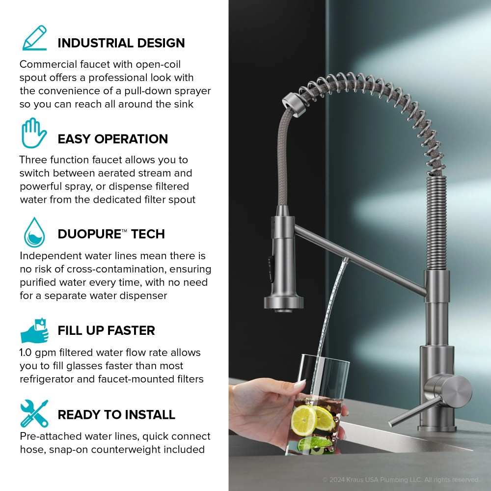 KRAUS Bolden 2-in-1 Commercial Style Pull Down Single Handle Water Filter Kitchen Faucet for Reverse Osmosis or Water Filtration System in Spot-Free Brushed Brass - Image 2