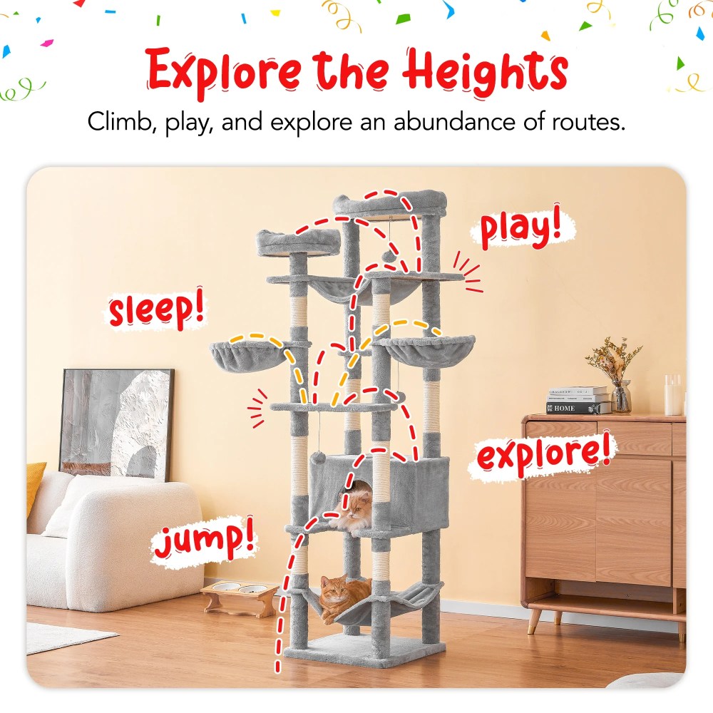 Furcato 77-Inch Cat Tree for Indoor Cats, Multi-Level Large Cat Tower with 4 Hammocks, 2 Padded Perches, Large Cat Condo, Light Gray - Image 7