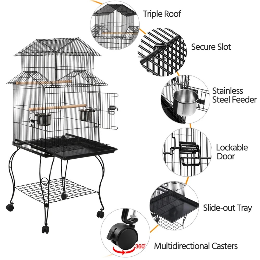 Renwick 55" Metal Rolling Bird Cage With Stand, Black - Image 3