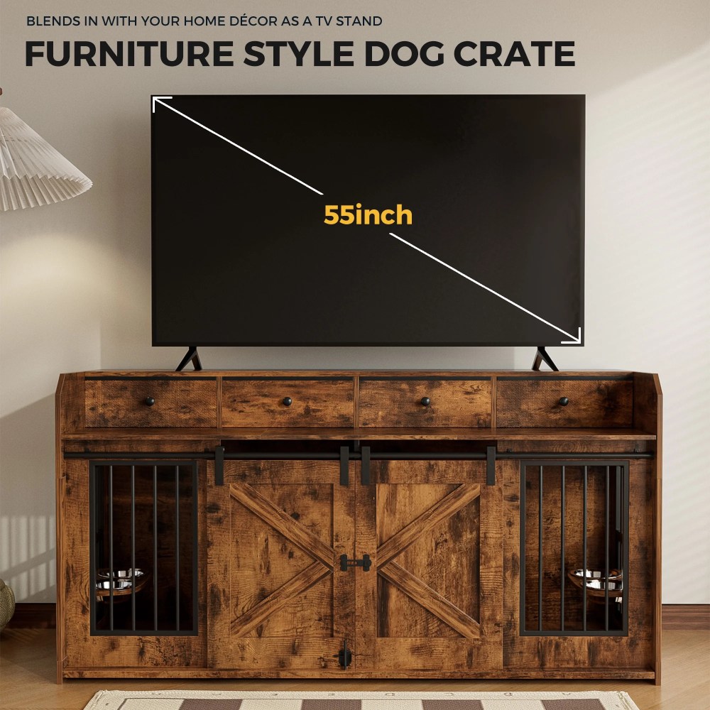 Advwin 63" Wooden Double Dog Crate Furniture with Drawers, Divider, Sliding Doors and Dual Feeding Stations, TV Stand Dog Kennel for 2 Small/Medium Dogs, Rustic Brown - Image 8