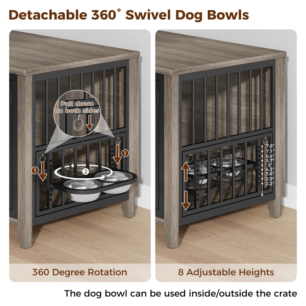 GIKPAL Dog Crate Furniture with 2 Adjustable Bowls, 32" Dog Cage Kennels for Inside with Lockable Doors, Heavy Duty Pet House End Table for Small Medium Dogs, Gray - Image 3