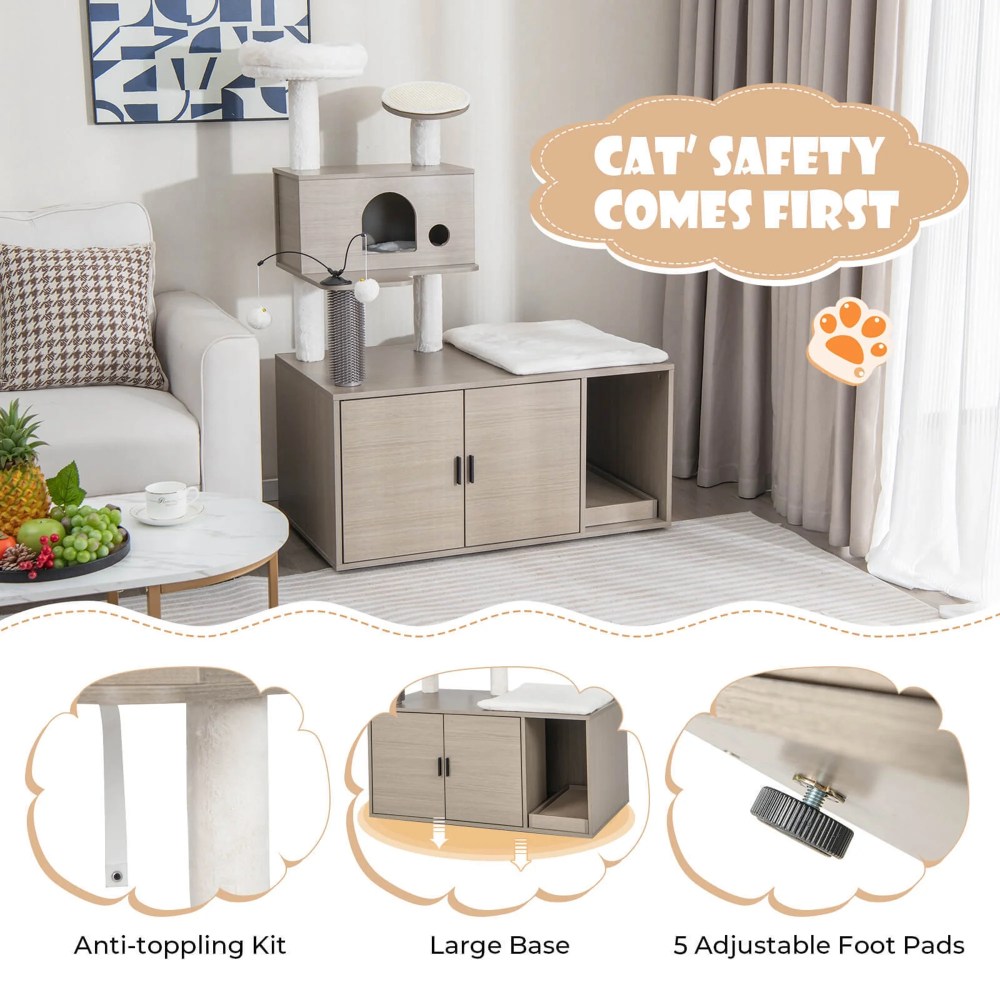 Gymax Cat Tree with Litter Box Enclosure 2-in-1 Modern Cat Tower with Cat Condo - Image 2