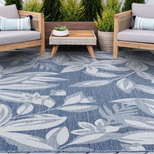 58 Water Resistant, Indoor Outdoor Rugs for Patios, Front Door Entry, Entryway, Deck, Porch, Balcony Outside Area Rug for Patio Blue, Floral Size: 5'3" x 7'3"