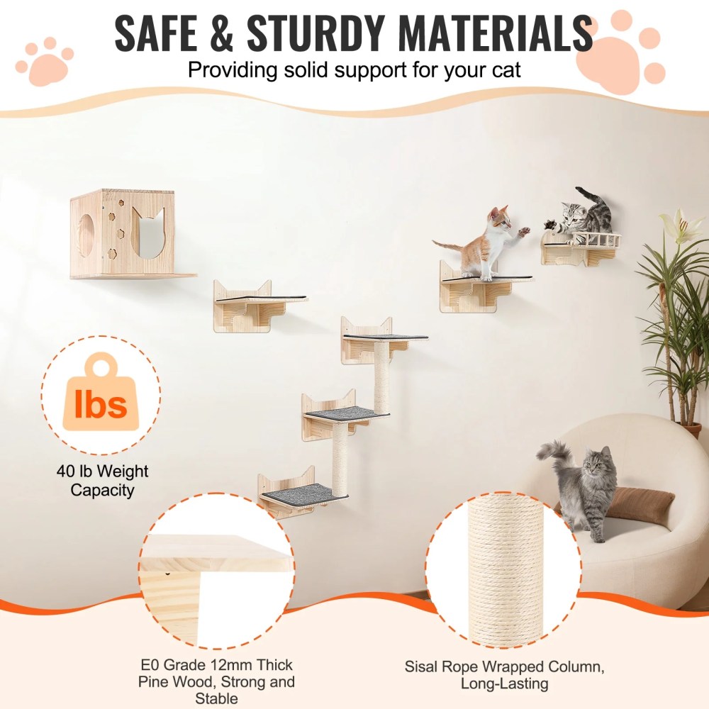 KFFKFF Set of 5 Cat Wall Mounts, Wall-Attached Cat Perches Up to 40 Lbs, Cat Wall Shelves for Resting, Engaging, Ascending - Image 2