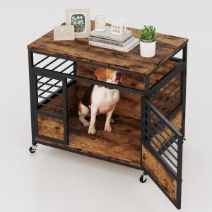 Craftian 32 Inch Dog Crate Furniture, Dog Kennel Indoor with Wheels and Removable Tray, End Table Dog Crate - Rustic Brown & Black