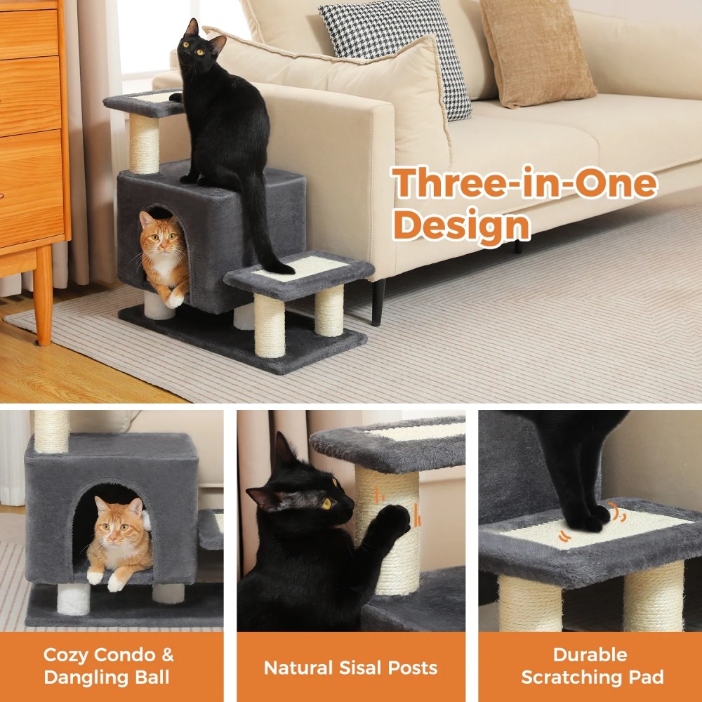Pefilos 21" Cat Tree Tower with Scratching Post, 3-Step Pet Dog Stairs with Cat Condo for Small Dog, Gray - Image 4