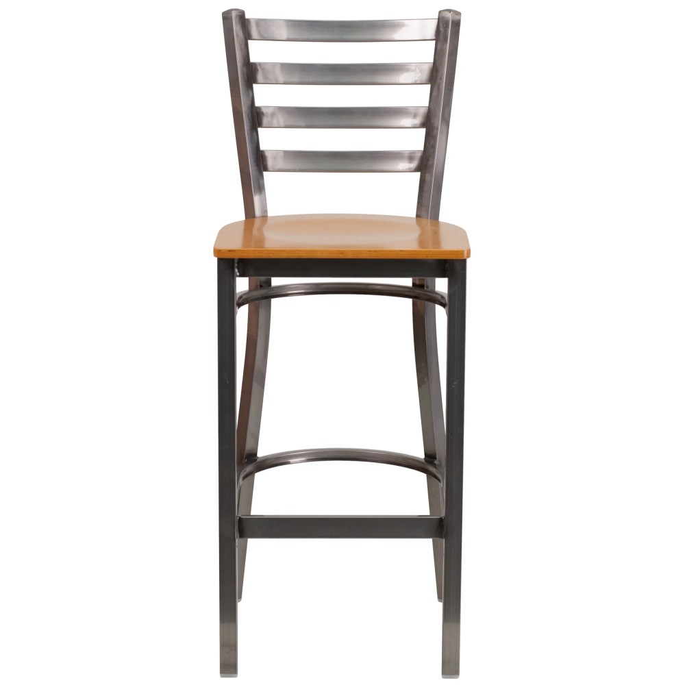 Flash Furniture HERCULES Series Silver Antique Finish with Clear Coat Ladder Back Metal Restaurant Barstool - Natural Wood Seat - Image 2