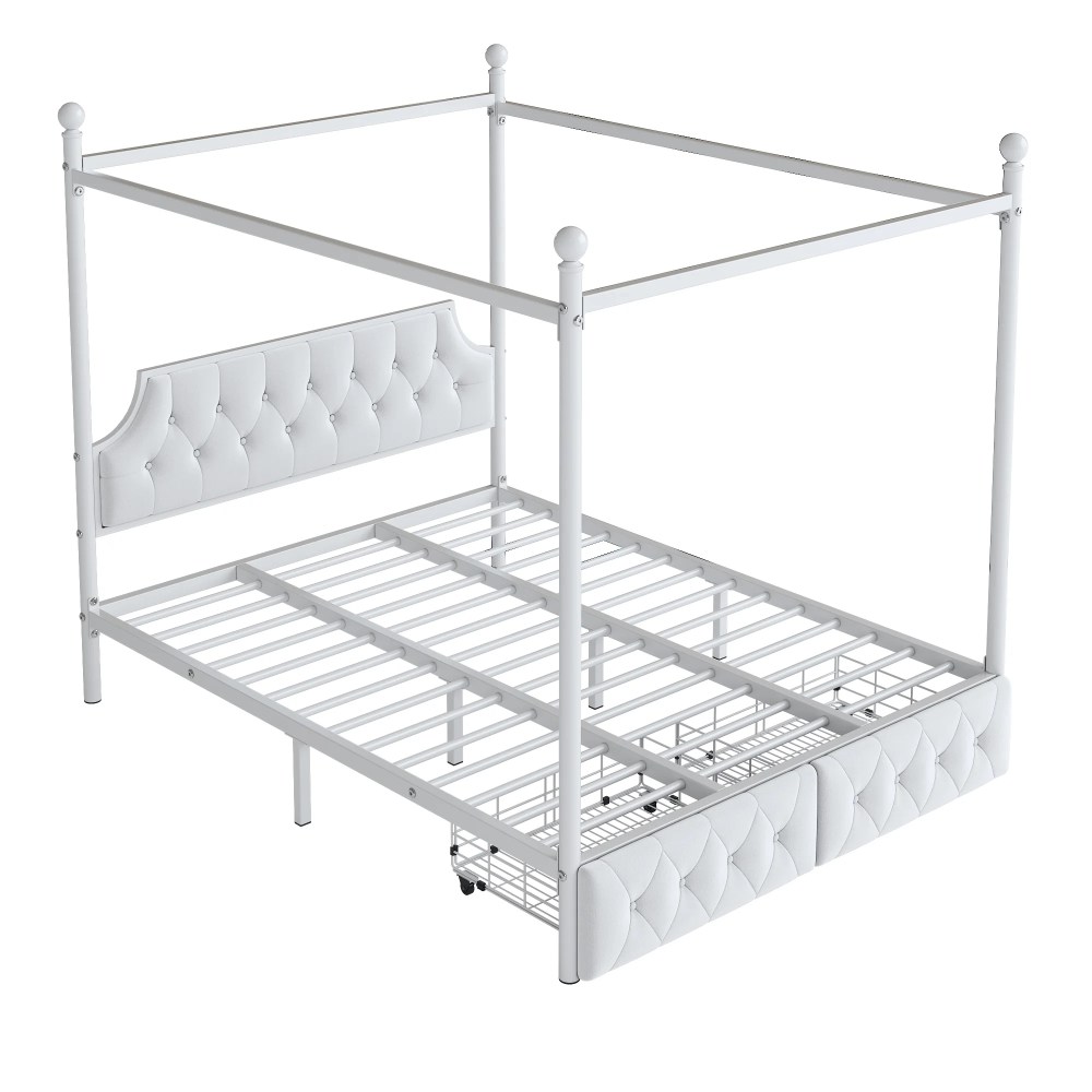 Euroco Wood Queen Size Canopy Platform Bed with Four Support Legs and 2 Drawers for Kids Teens Adults, White - Image 5