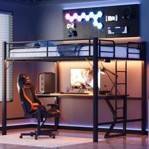 Zimtown Loft Bed Queen Size with LED and Charging Station,Metal Bunk Bed Frame, Heavy Duty Metal Slat Support, Black