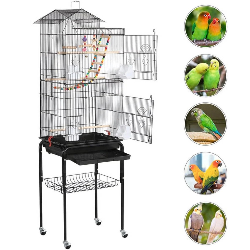 Alden Design 62.4"H Metal Rolling Mid-Size Bird Cage with Detachable Stand, Black - Image 7