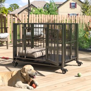 Betisef Heavy Duty Dog Crate,  Folding Dog Kennel No Assembly with Lockable Wheels,  Double Door Indoor/Outdoor