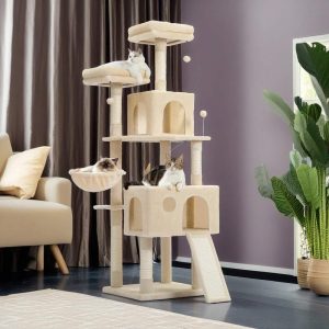Pefilos 64" Multi-Level Cat Tree Tower for Large with Hammock, Plush Cat Condos for Indoor Cats, Beige