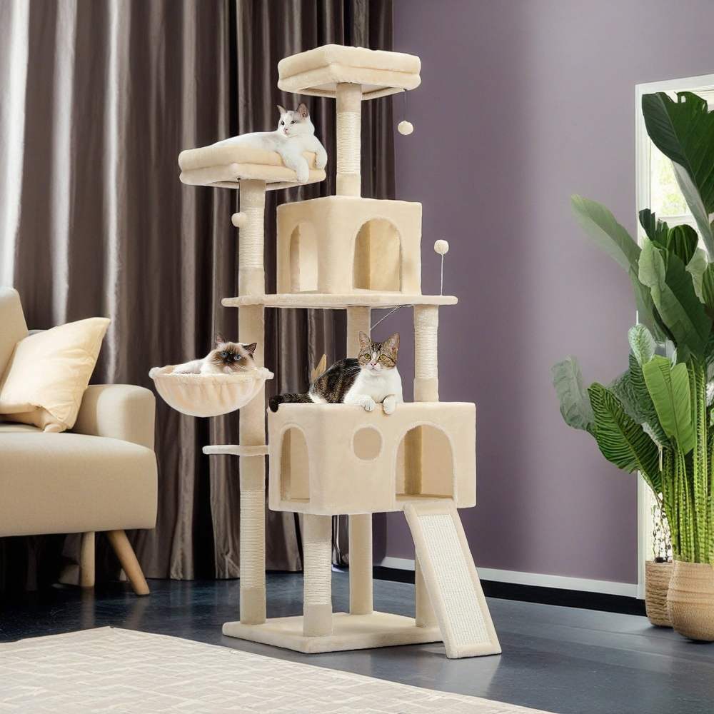 Pefilos 64" Multi-Level Cat Tree Tower for Large with Hammock, Plush Cat Condos for Indoor Cats, Beige