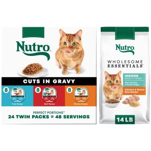 Bundle: NUTRO Grain Free Wet Cat Food Cuts in Gravy Beef, Tuna, & Chicken Variety Pack, (24) 2.64 oz. PORTIONS & NUTRO WHOLESOME ESSENTIALS Dry Cat Food, Indoor Cat Chicken & Brown Rice, 14 lb. B