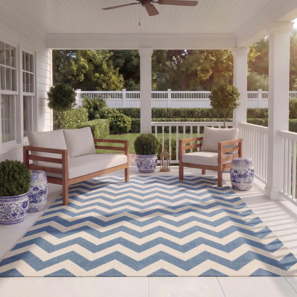 Safavieh Courtyard Bailey Chevron Indoor/Outdoor Area Rug, Blue/Beige, 6'7" x 6'7" Square - Image 10
