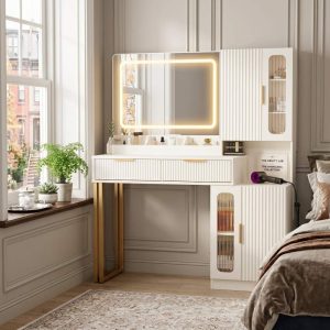 42" Fluted Vanity Desk with Mirror & Lights,Makeup Vanity with Storage Drawer & Glass Cabinet,3 LED Light Modes,Power Outlet for Bedroom