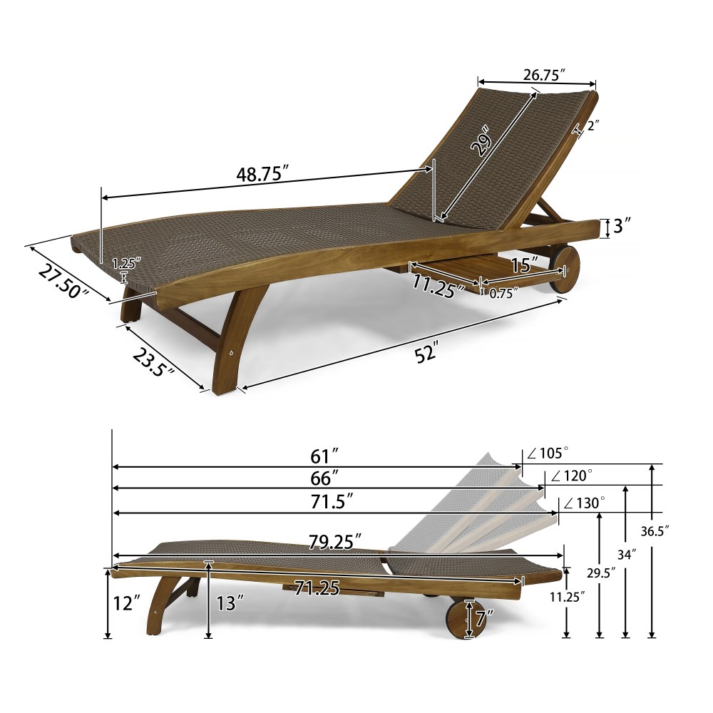 Emmanuel Outdoor Wicker and Wood Chaise Lounge with Pull-Out Tray, Set of 2, Brown, Teak - Image 4