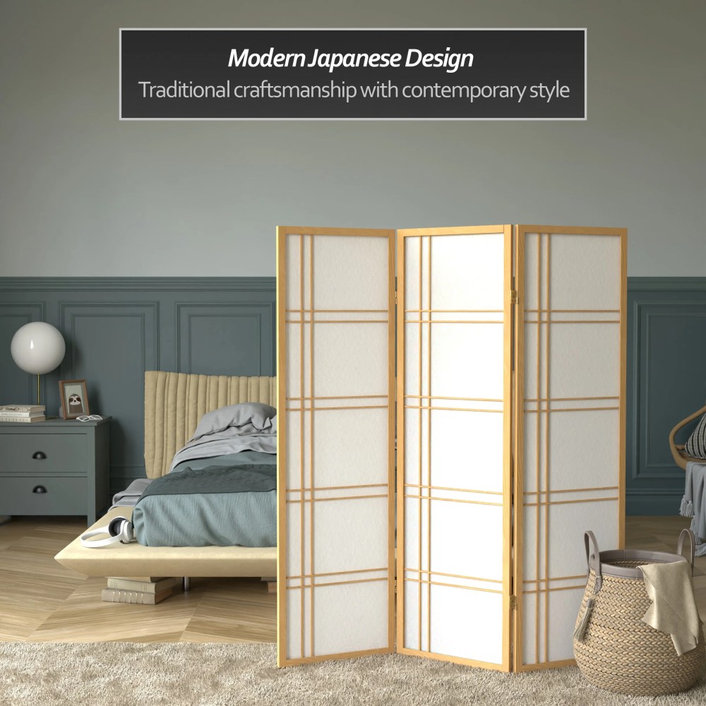 Red Lantern 5 ft. Tall Double Cross Shoji Screen - Natural - 3 Panels - Image 5