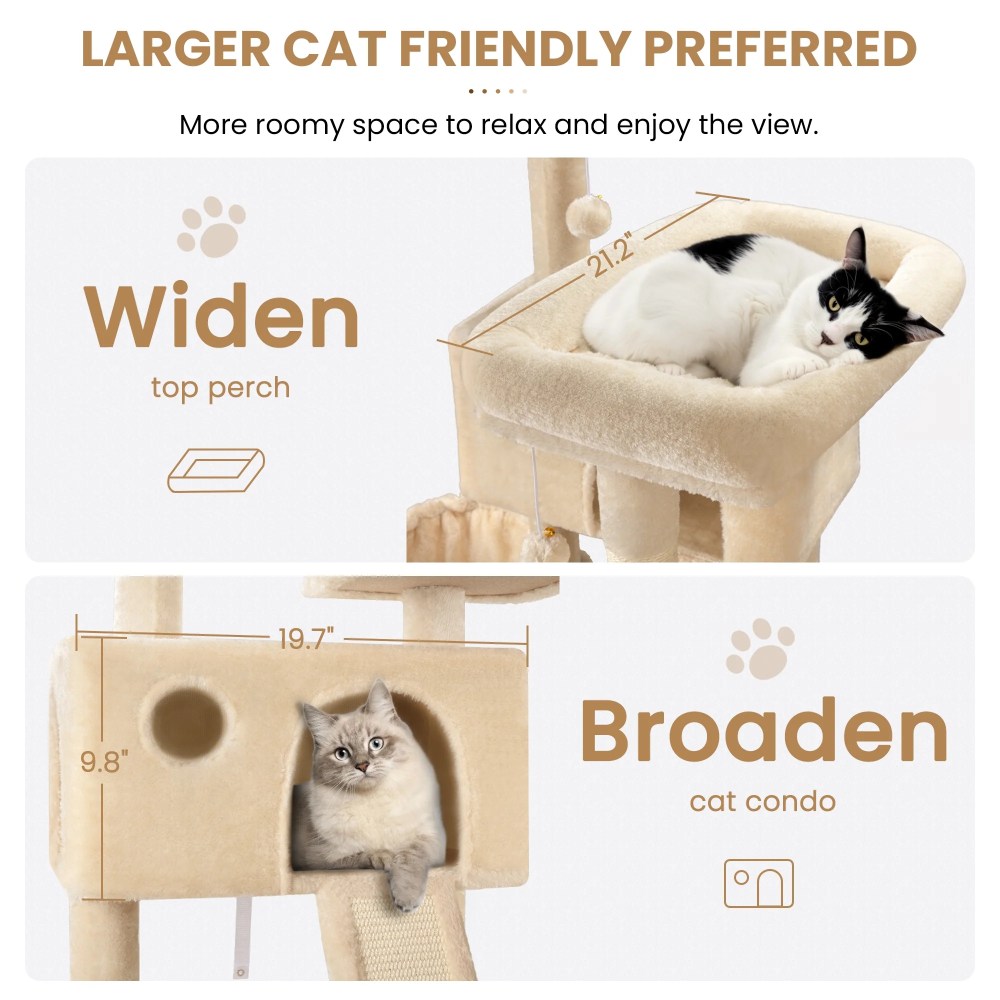 Merrland 65.7 " Large Cat Tree Tower Condo for Cats with 2 Scratching Ramps, Hammock & Scratching Posts, Beige - Image 4