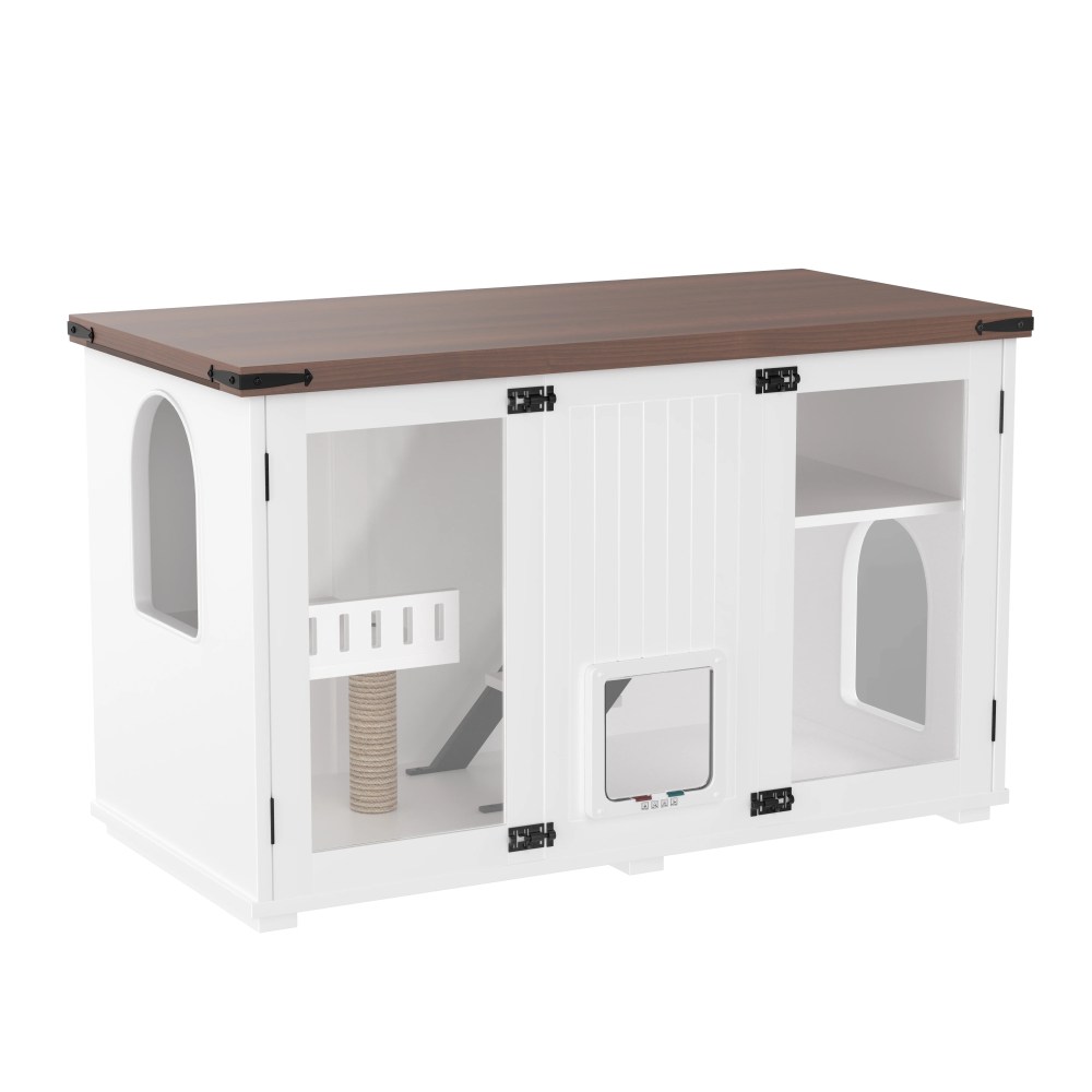 47.25" Large Cat Litter Box Enclosure with LED Light, Hidden Litter Box Furniture with Stairs and Scratching Post, Smart Locking Doors, Cat Cabinet Side Table for Living Room, White - Image 5