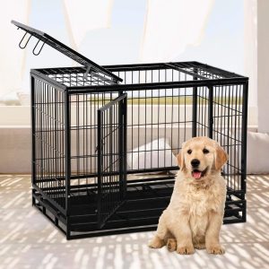 Heavy Duty Dog Crate,  36 Inch Metal Dog Crate with Wheels for Small Dogs,  Sturdy Locks Design,  Double Door and Removable Tray Design Indoor & Outdoor,  Black