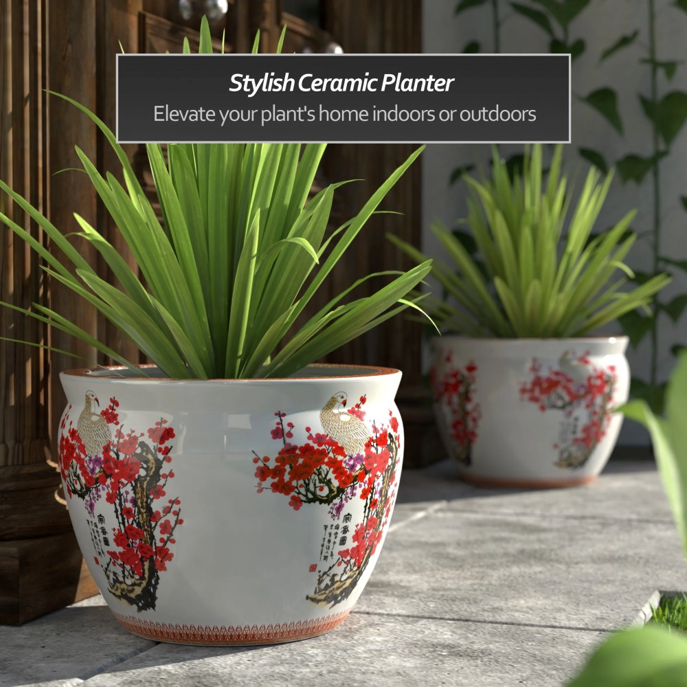 Red Lantern Large 18" Cherry Blossom Porcelain Fishbowl Planter - Image 2