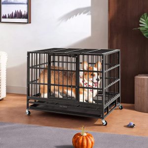 Pefilos 38 Inch Heavy Duty Dog Crate, Escape Proof Dog Cage Kennel with Lockable Wheels, Large House Indoor for Large Dog with Removable Tray, Black, M
