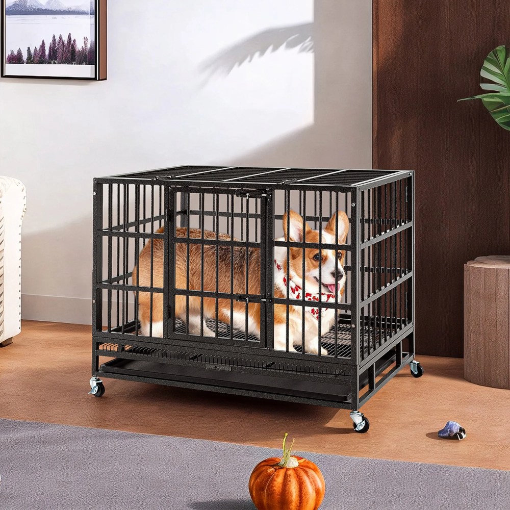 Pefilos 38 Inch Heavy Duty Dog Crate, Escape Proof Dog Cage Kennel with Lockable Wheels, Large House Indoor for Large Dog with Removable Tray, Black, M