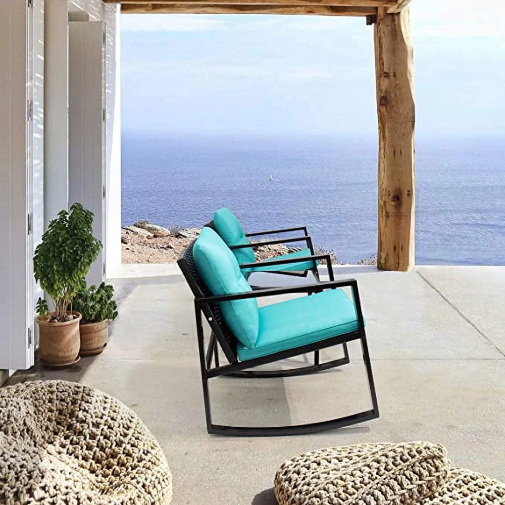 Vineego Outdoor Bistro Set 3-Piece Rocking Wicker Chairs with Cushions and Glass Coffee Table, Blue - Image 2
