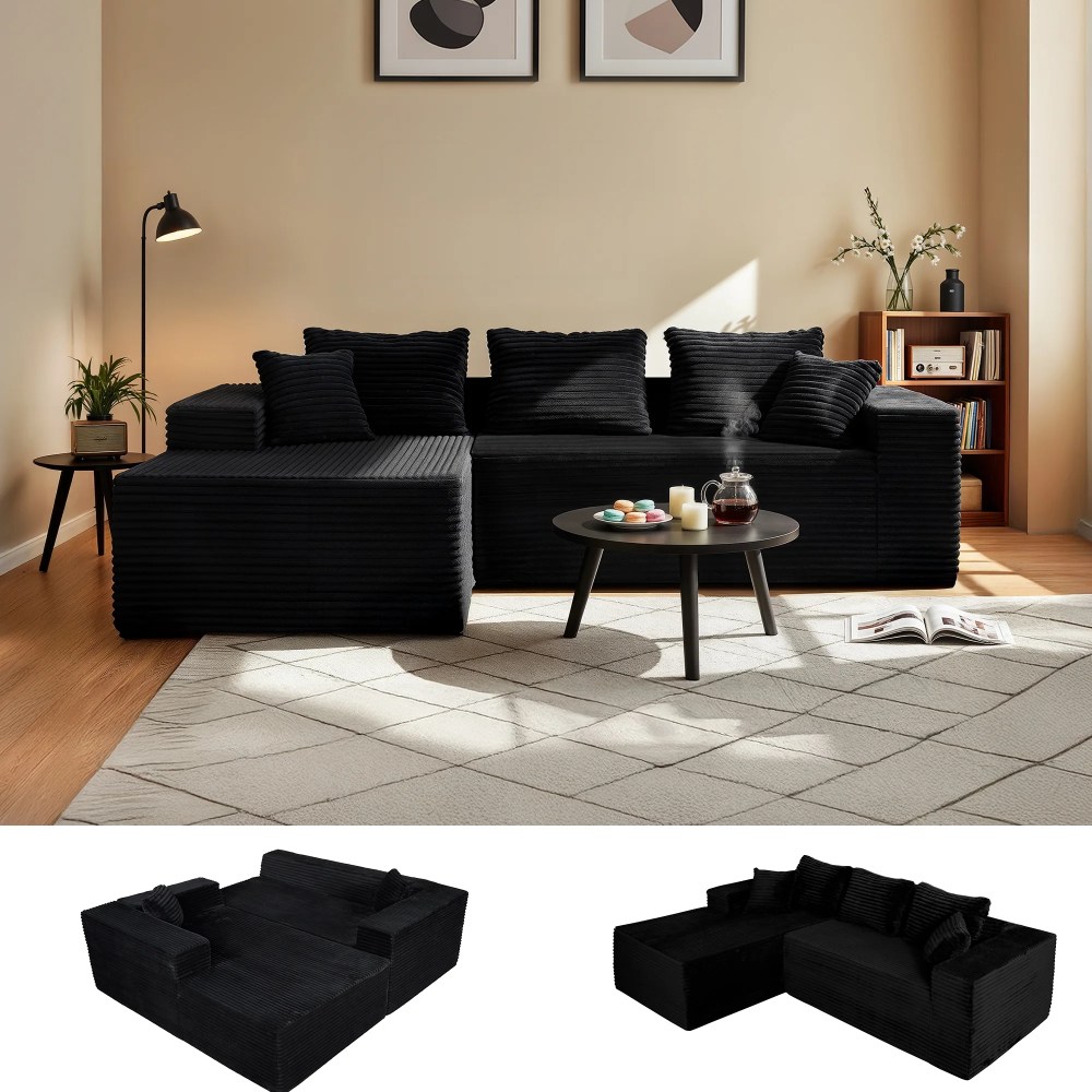94" Sectional Sofa with Lounge,L-Shape Living Room Cloud Modular Convertible Sleeper Sofa,Corduroy Couch Deep Seat Sleeper Set, Bedroom Reversible Sofa W/Pillows, Black, Left