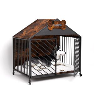 JXXRZ 32" Heavy Duty Dog Crate Furniture- Chew-Proof Double Door Indoor Kennel with Roof,  Rustic Brown for Large Breeds