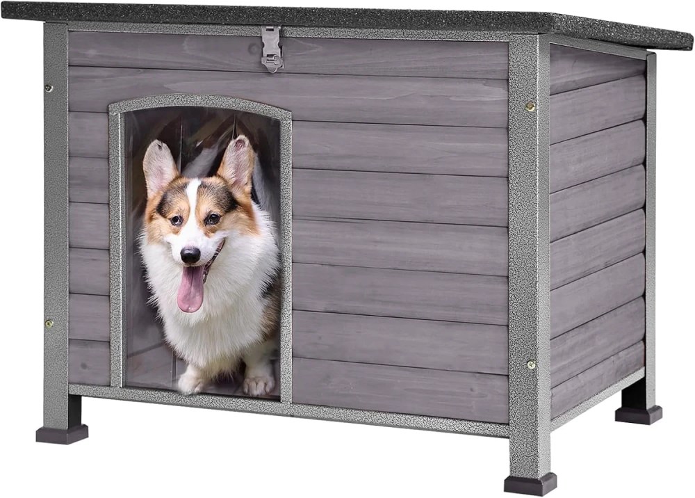 Aivituvin 33.5"L Outdoor Dog House, Wooden Dog Kennel with Openable Asphalt Roof, Chew-Proof Metal Frame for Medium Small Dog, Gray - Image 2