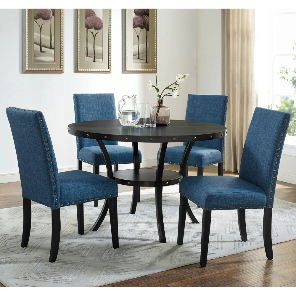 Roundhill Furniture Biony Blue Fabric Dining Chairs with Nailhead Trim, Set of 2 - Image 5