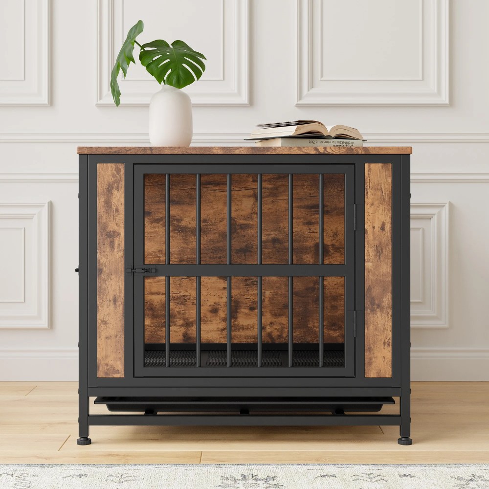 Pefilos 27.4" Furniture Style Dog Crates for Indoor, Pet Kennels with Removable Trays and 2 Sliding Doors, Heavy-Duty Dog Cage, Brown - Image 5