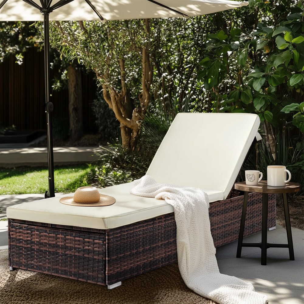 Zimtown Adjustable Pool Chaise Lounge Chair Outdoor Patio Furniture PE Wicker W/Cushion,Brown Black Gray Optional