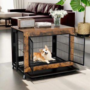 Pefilos 35" Dog Crate Rustic Style Furniture Dog Cage Crate with Double Doors and Lift Top Heavy-Duty Kennel,  Brown
