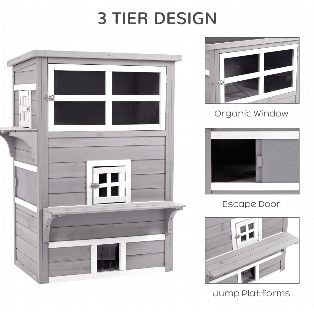 PawHut 3-Story Cat House with Raised Floor, Escape Doors, Gray - Image 9