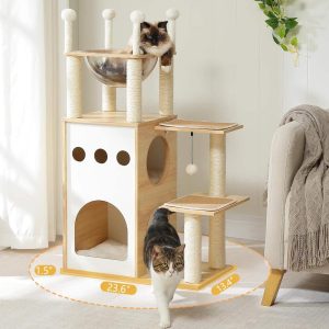Pefilos 42" Cat Tree House for Multiple Cats,  Cat Tower with Double Spacious Condos Perch,  Hammock,  Kittens Activity Centre,  Beige