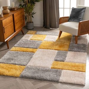 Well Woven San Francisco Escondido Yellow Modern Squares 5'3" x 7'3" Shag Textured Area Rug