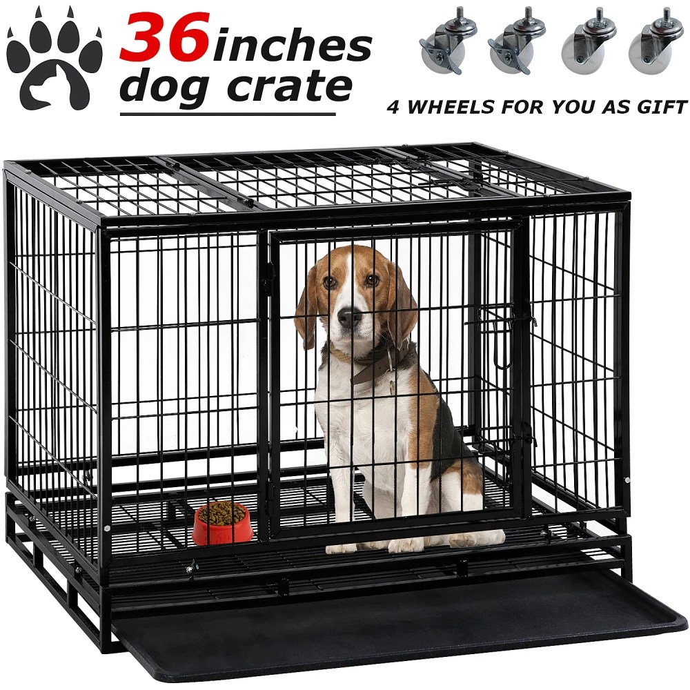 Bestpet 36" Dog Crate Cage with Plastic Tray, Double Doors and Locks for Large Dogs, Heavy Duty