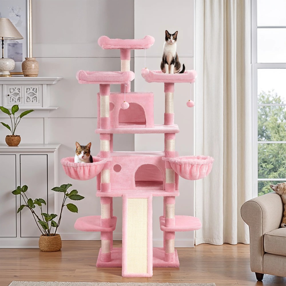 Einfach 68" X-Large Cat Tree and Tower with Condo Houses, Scratching Board & Posts for Indoor Cat, Pink - Image 3