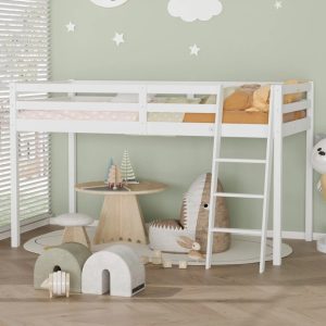 Zimtown Full Size Junior Low Loft Bed with Stairs,White Wood Bunk Bed Frame,No Box Spring Required,White