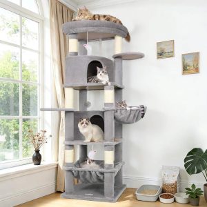 Globlazer 68" XL Corner Cat Tree Tower Condo for Large Cats - 6 Sisal Scratching Posts,  2 Condos,  Hammock & Hanging Basket,  Light Grey