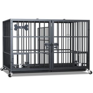 48/42 inch XL Dog Crate for Large Dog/Double Medium Dogs, Heavy Duty Metal Dog Cages, All Metal Open Top, Dog Kennel Indoor with Wheels, Floor Grid,  Tray,  Divider and Feeding Bowl