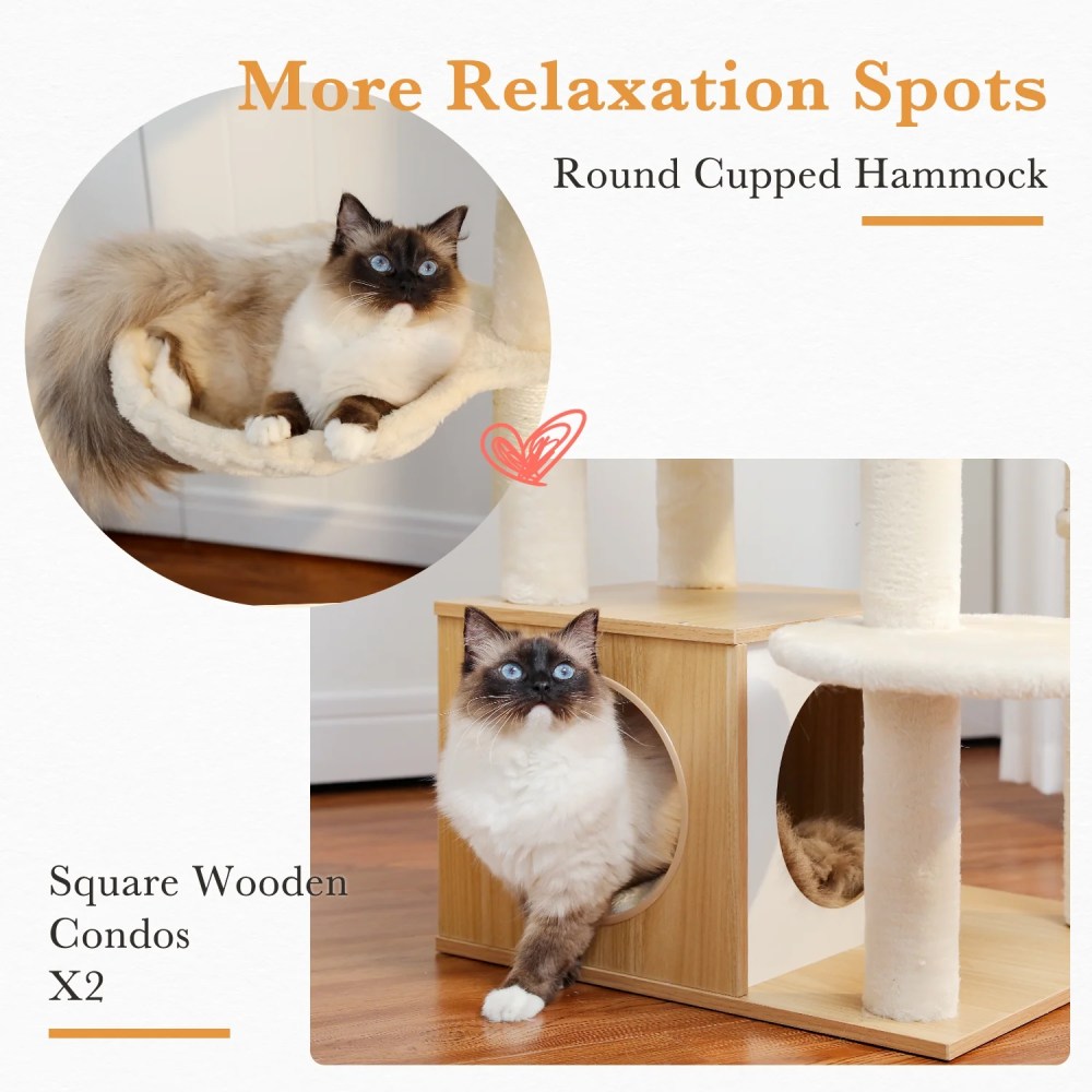 Pefilos 51" Wooden Cat Trees Towers for Large Cats with Cat Scratching Post and Removable Soft Perches Modern Cat Condo for Indoor, Beige - Image 14