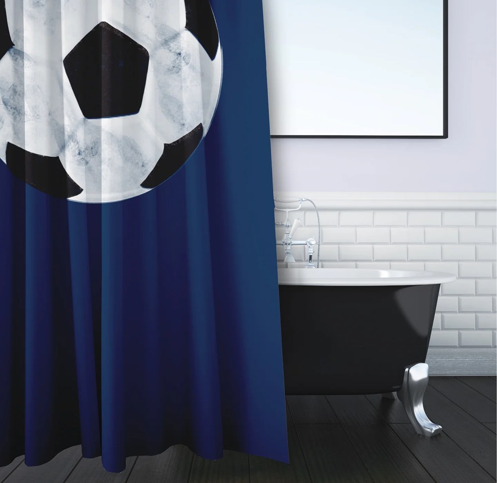 Simply Daisy 70" W x 73" H Soccer Ball Geometric Print Polyester Shower Curtain, Navy - Image 3
