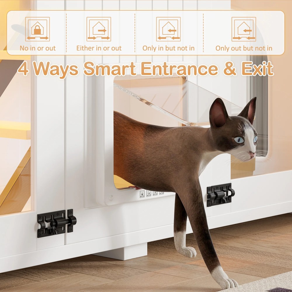 47.25" Large Cat Litter Box Enclosure with LED Light, Hidden Litter Box Furniture with Stairs and Scratching Post, Smart Locking Doors, Cat Cabinet Side Table for Living Room, White - Image 2