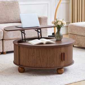 YOCWO Lift Top Coffee Table with Sliding Door and Round Leg,Fluted Round Coffee Table with Hidden Compartments Storage for Living Room,Walnut